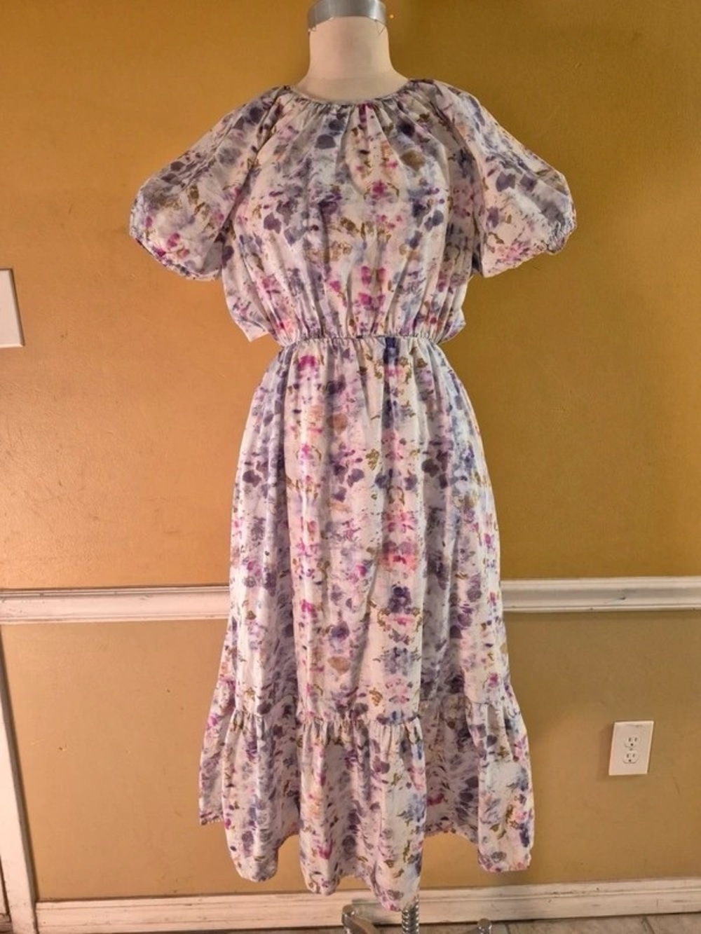 White Floral Puff-Sleeve Maxi Dress with Purple & Pink Accents